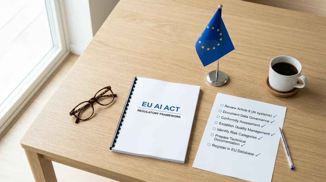 EU AI Act compliance desk with regulatory framework and audit checklist